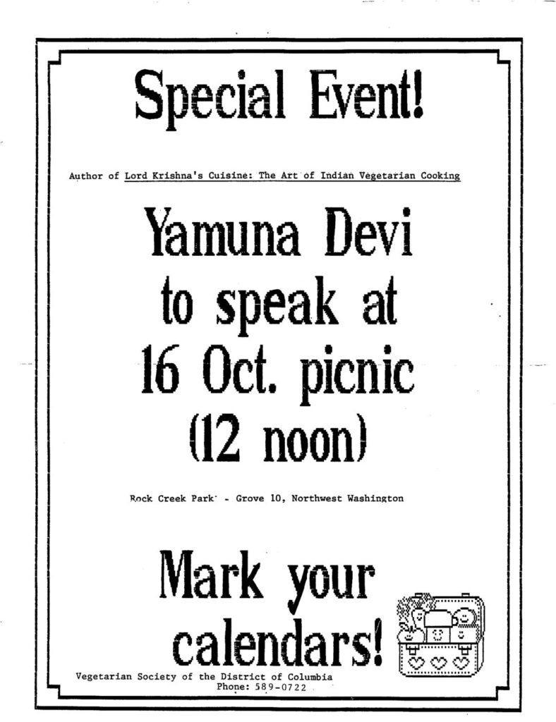 Yamuna Devi to speak at 16 Oct. picnic (12 noon)